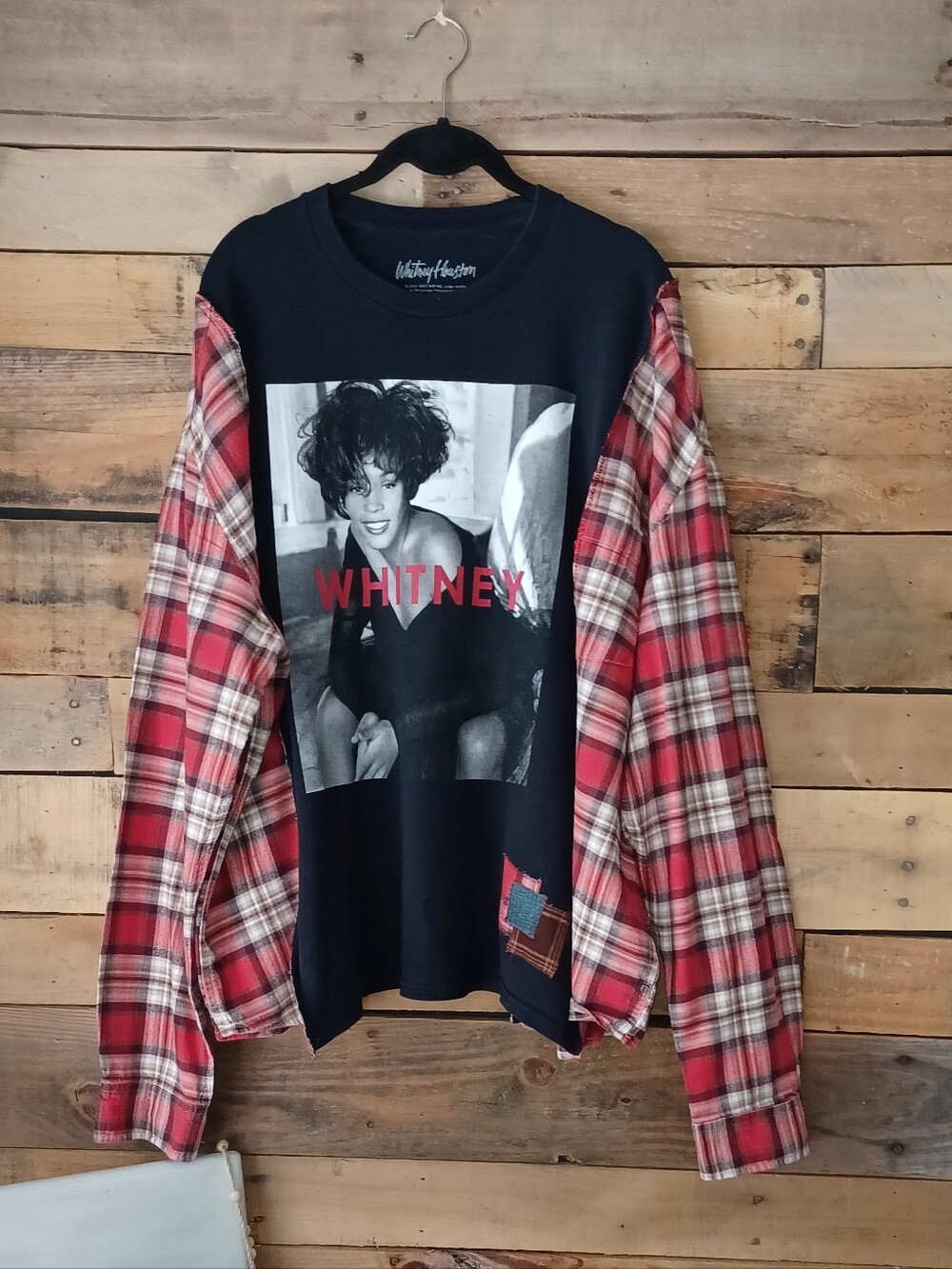 Upcycled Whitney Houston Graphic T-shirt with Red Plaid Sleeves - Picture 3 of 10